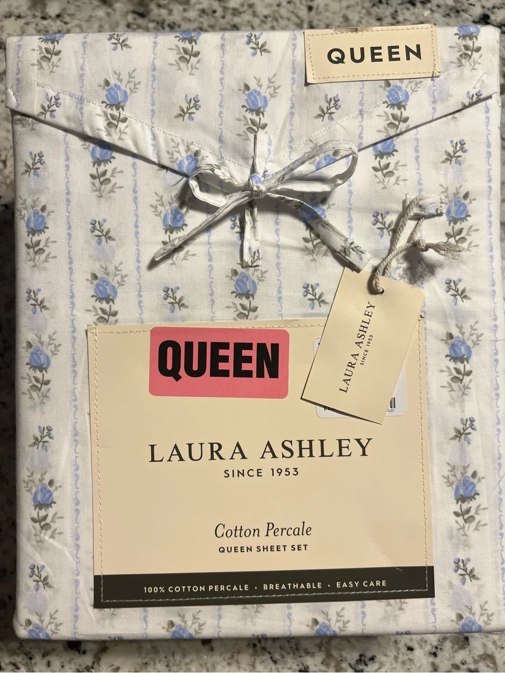 Laura Ashley Sweet Buds Blue Floral Cotton Percale Queen Sheet Set